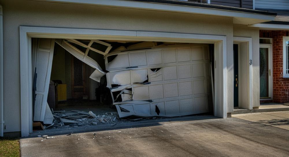Damaged modern garage door after hurricane